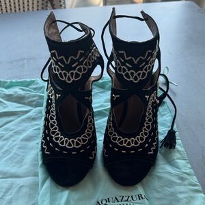 Aquazzura Sexy Thing Black Suede Heels with silver and creameEmbroidery